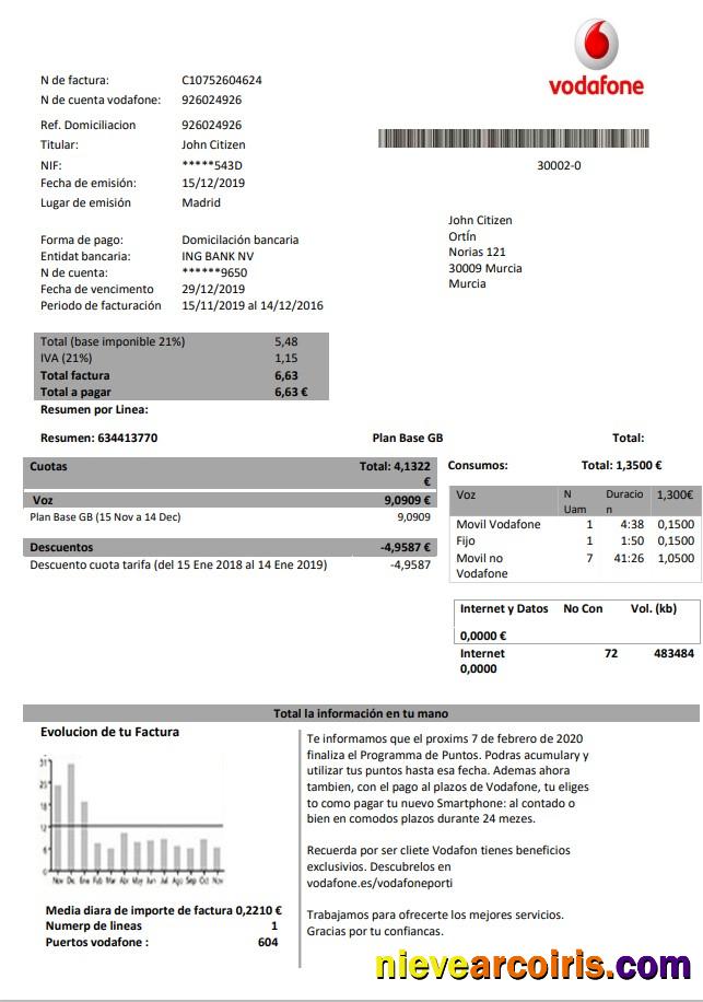Premium Spain Vodafone Telecommunications Utility Bill Template In Word And PDF Format