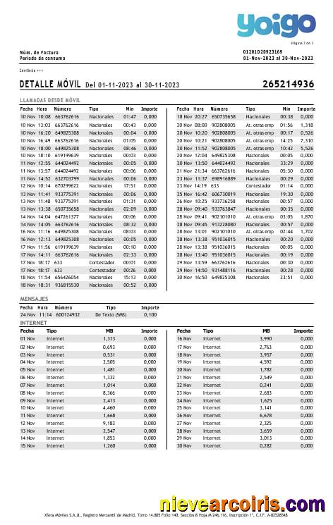 Spain Yoigo Internet Utility Bill In Word And PDF Formats, 3 Pages. Sample