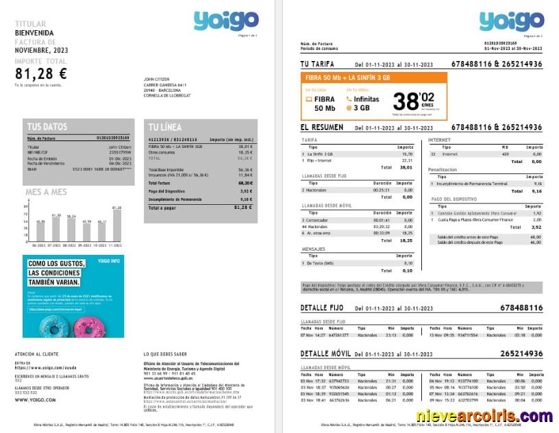 Spain Yoigo Internet Utility Bill In Word And PDF Formats, 3 Pages Photolook