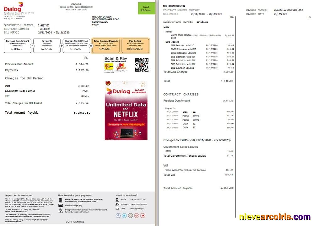 Realistic Sri Lanka Dialog Utility Bill Template In Word And PDF Format (2 Pages)