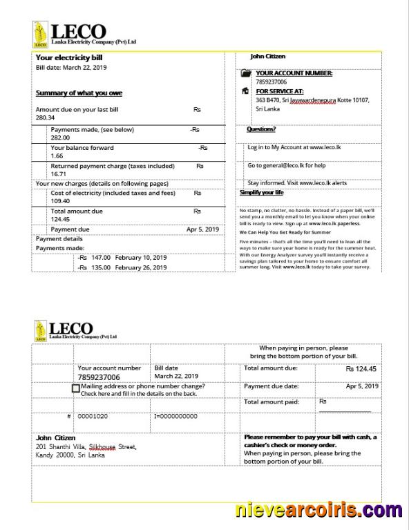 Sri Lanka LECO Electricity Bill In Word Format Template
