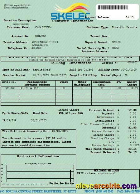 Editable St. Kitts Electricity Company (SKELEC) Utility Bill Editable Template In PDF And Word Formats