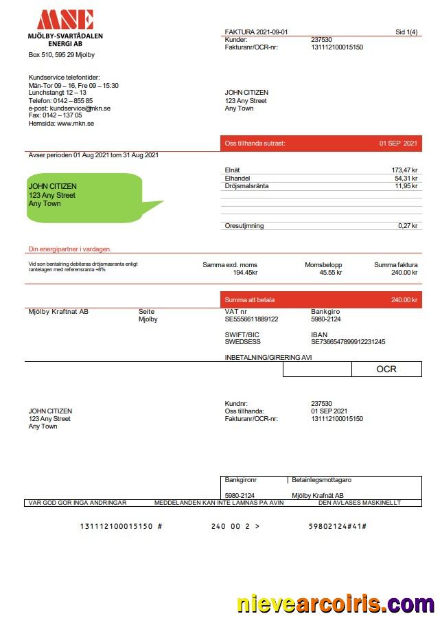 Editable Sweden Mjölby Kraftnat AB Utility Bill Template In .doc And .pdf Format