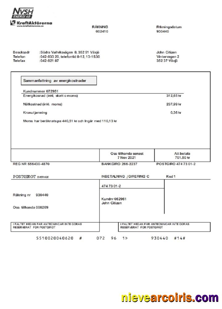 Premium Sweden NVSH Energi Utility Bill Template In Word And PDF Format