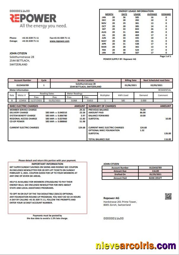 Realistic Switzerland Repower AG Utility Bill Template, Fully Editable In Word And PDF Format