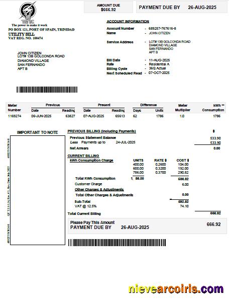 Premium Trinidad And Tobago Electricity Commission Utility Bill Template In Word And PDF Formats
