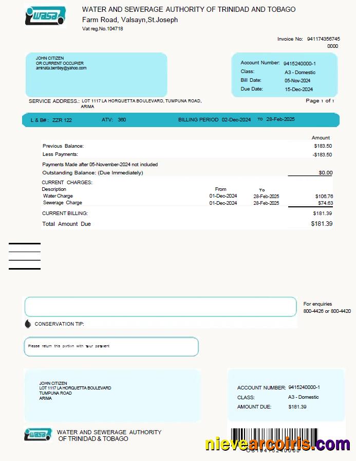 Professional Trinidad And Tobago WASA Utility Bill Template In Word And PDF Formats