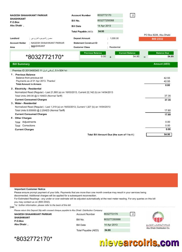 Realistic UAE ABU DHABI DISTRIBUTION 7 CO. Utility Bill Word And PDF Template, Version 2