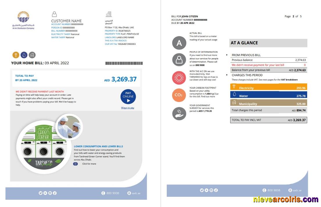 Premium UAE Abu Dhabi Al Ain Distribution Co. Word And PDF Utility Bill Template (5 Pages) 1 2