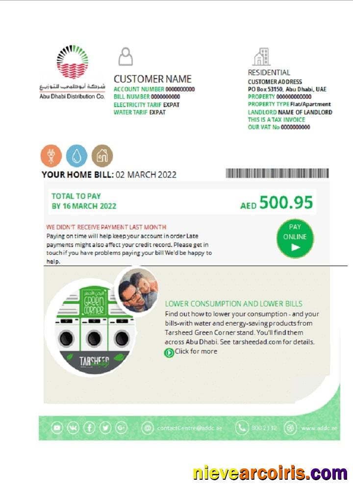 Editable UAE Abu Dhabi Distribution Co. Utility Bill Template In Word And PDF Format
