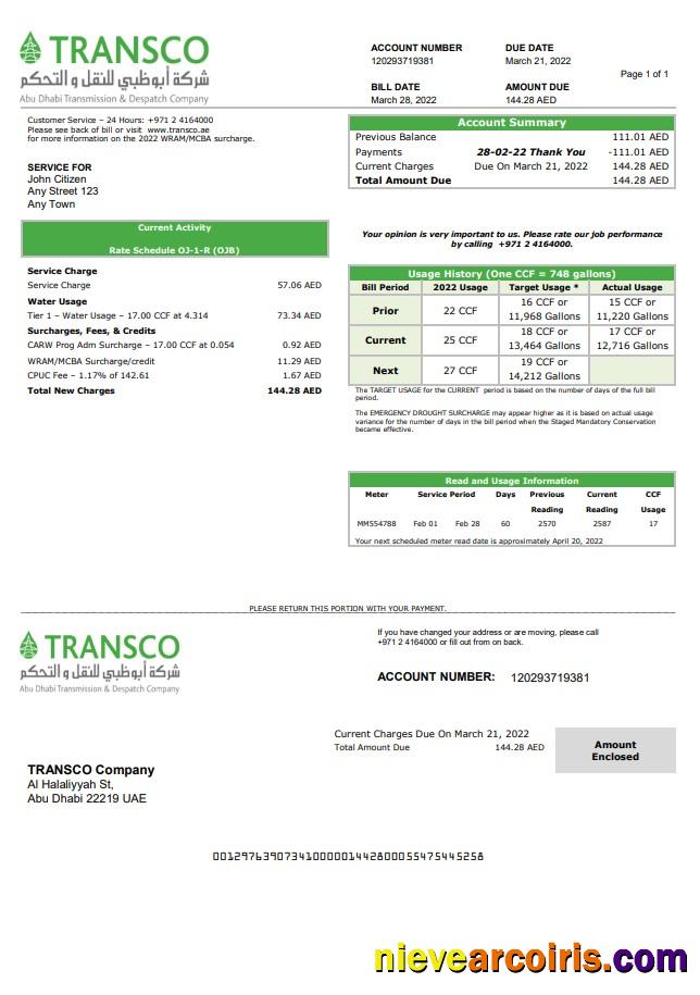 Editable UAE Abu Dhabi Transmission & Despatch Company (TRANSCO) Utility Bill Template In Word And PDF Format