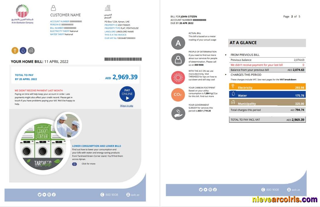 Realistic UAE Ajman Al Ain Distribution Co. Word And PDF Utility Bill Template (5 Pages) 1 2