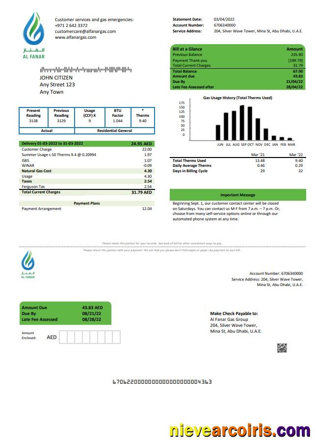 Professional UAE Al Fanar Gas Group Utility Bill Template In Word And PDF Format