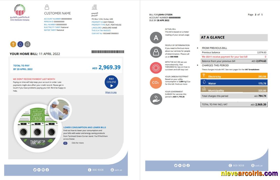 Professional UAE Dubai Al Ain Distribution Co. Word And PDF Utility Bill Template (5 Pages) 1 2
