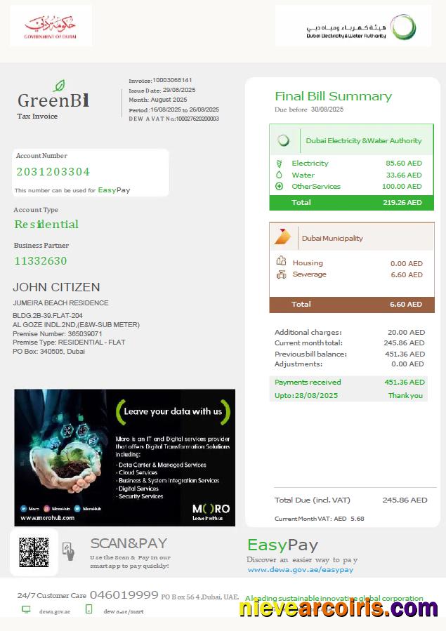 Realistic UAE Dubai Electricity & Water Authority Utility Bill Template In Word And PDF Formats, Version 2