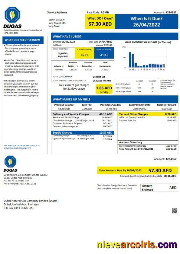 Editable UAE Dubai Natural Gas Company Limited (Dugas) Utility Bill Template In Word And PDF Format
