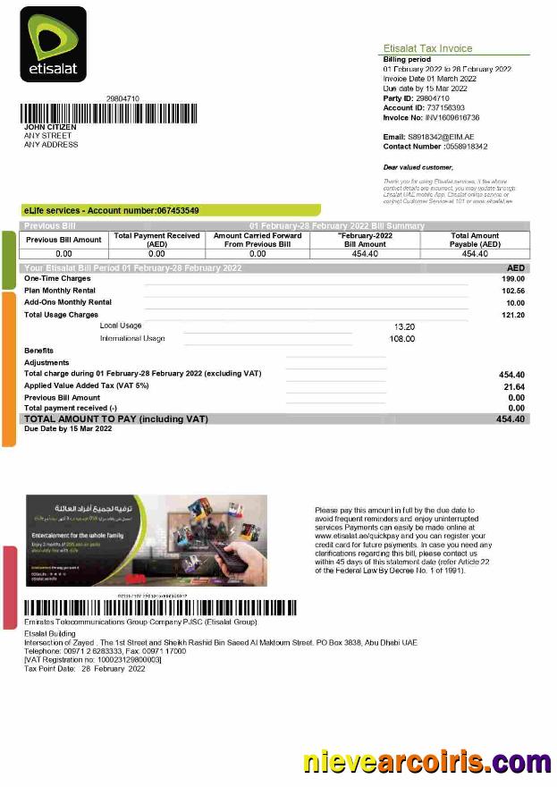 Realistic UAE Etisalat Utility Bill Template In Word And PDF Format