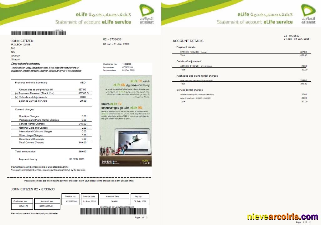Editable UAE Etisalat Utility Bill Template In Word And PDF Formats, 2 Pages, Version 2