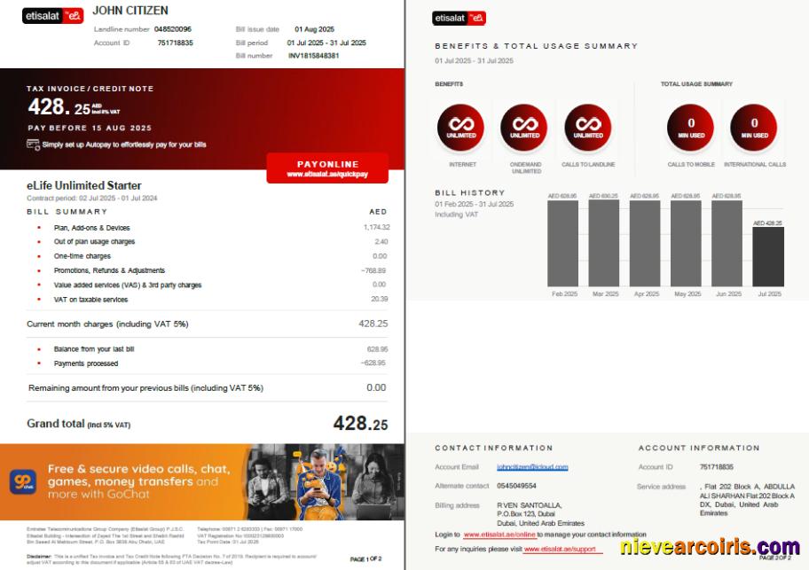 Realistic UAE Etisalat Utility Bill Template In Word And PDF Formats, 2 Pages, Version 3