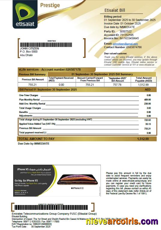 Realistic UAE Etisalat Utility Bill Template In Word And PDF Formats, Version 2