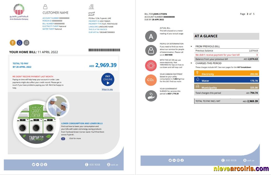 Professional UAE Fujairah Al Ain Distribution Co. Word And PDF Utility Bill Template (5 Pages) 1 2