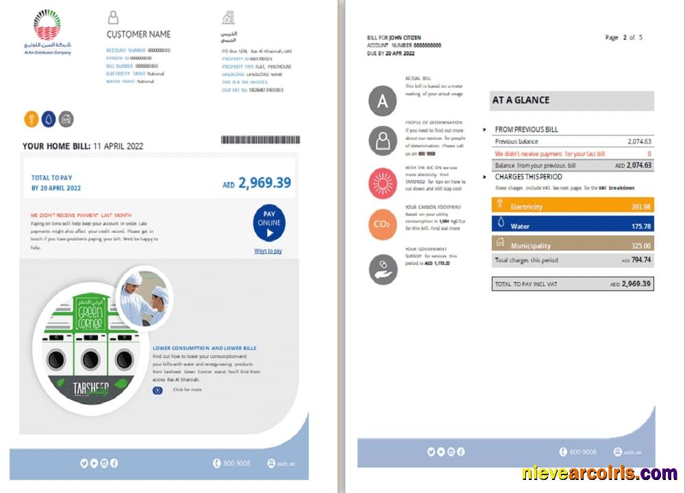 Realistic UAE Ras Al Khaimah Al Ain Distribution Co. Word And PDF Utility Bill Template (5 Pages) 1 2