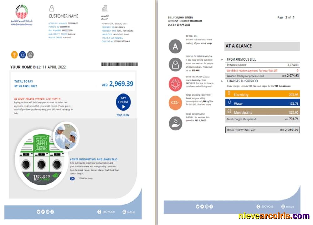 Realistic UAE Sharjah Al Ain Distribution Co. Word And PDF Utility Bill Template (5 Pages) 1 2