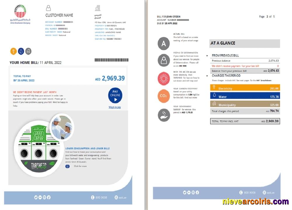 Realistic UAE Umm Al Quwain Al Ain Distribution Co. Word And PDF Utility Bill Template (5 Pages) 1 2
