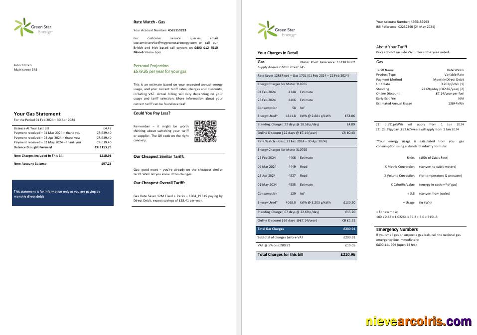 UK Green Star Energy Energy Utility Bill Word And PDF, Formats 3 Preview