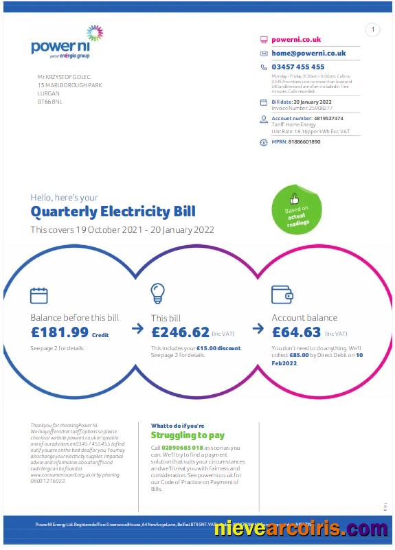Realistic UNITED KINGDOM POWER NI Utility Bil Word And PDF Template