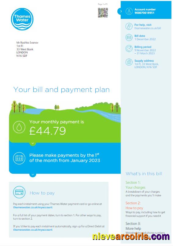 Premium UNITED KINGDOM THAMES WATER Utility Bill Word And PDF Template, Version 3