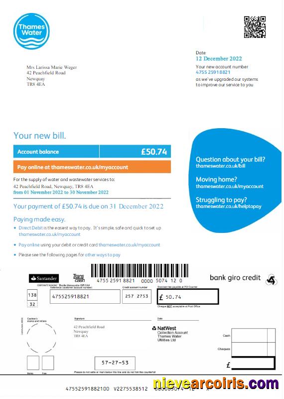 Premium UNITED KINGDOM THAMES WATER Utility Bill Word And PDF Template