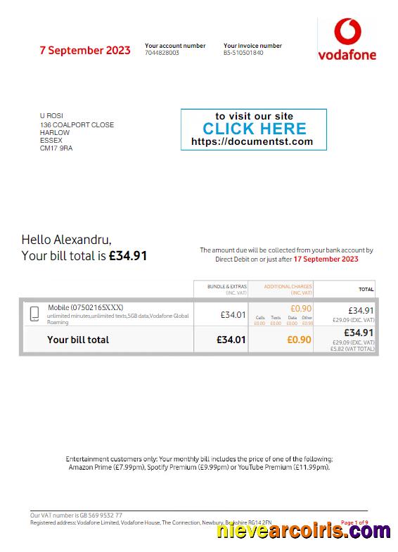 Editable UNITED KINGDOM VODAFONE Utility Bill Word And PDF Template
