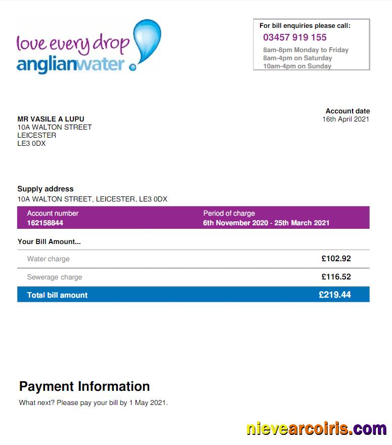 Premium USA ANGLIAN WATER Utility Bill Word And PDF Template