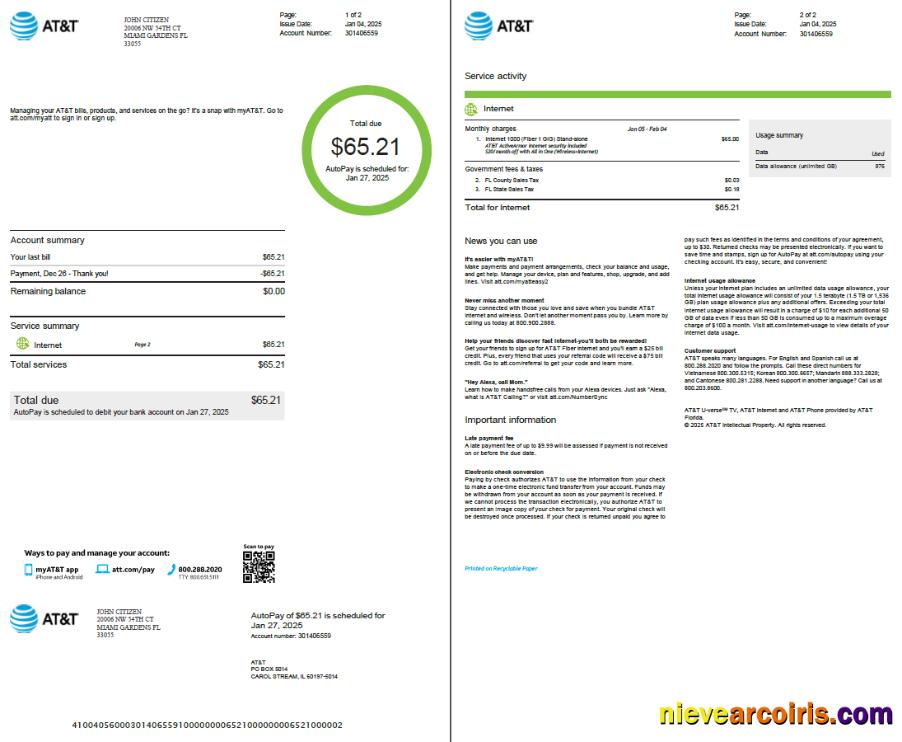 Realistic USA AT&T Utility Bill Template In Word And PDF Formats, 2 Pages, Version 2