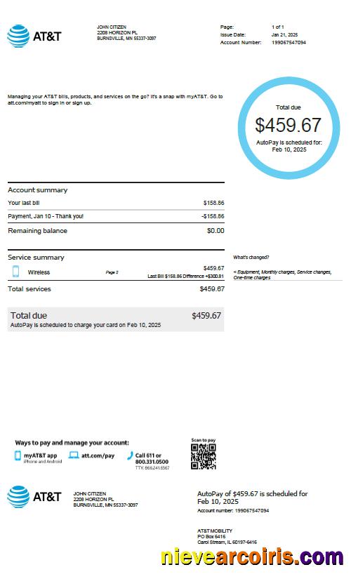 Realistic USA AT&T Utility Bill Template In Word And PDF Formats, Version 3