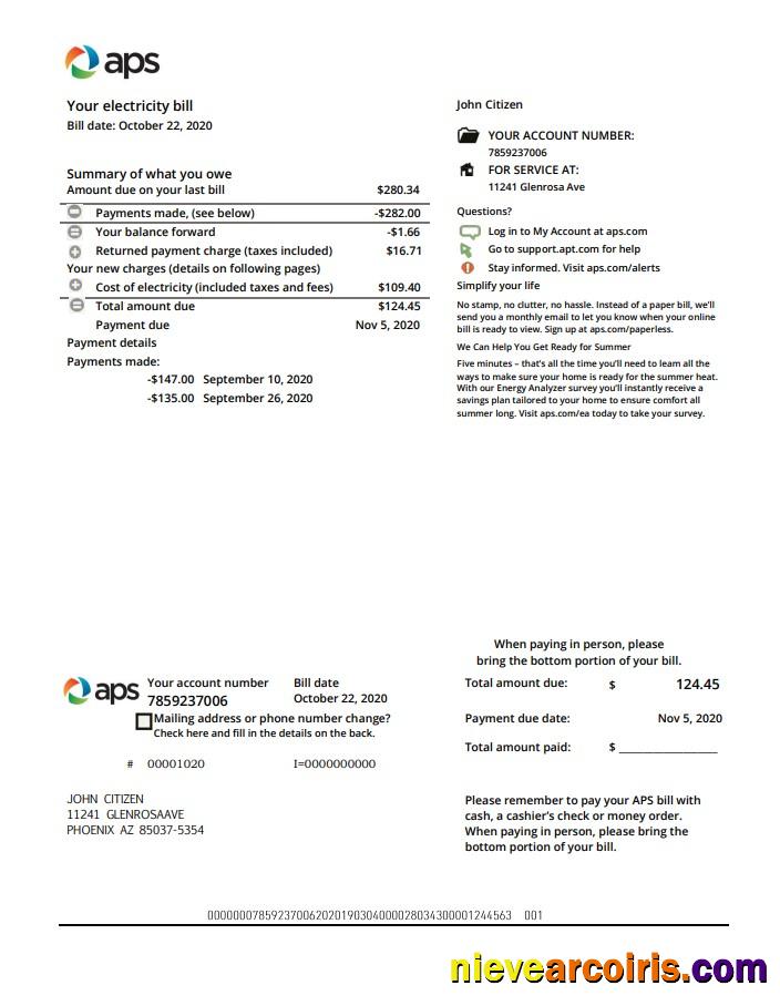 Realistic USA Arizona APS Electricity Proof Of Address Utility Bill Template In Word And PDF Format