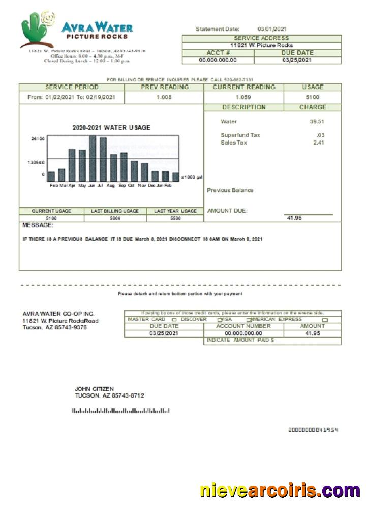 Realistic USA Arizona Avra Water Utility Bill Template In Word And PDF Format
