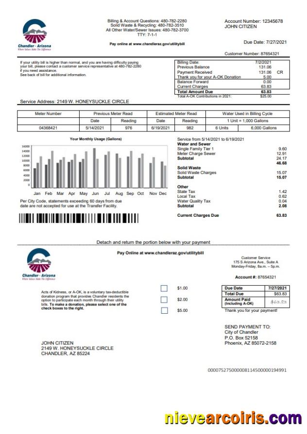 Professional USA Arizona Chandler Utilities Bill Template In Word And PDF Format