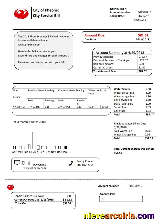 Editable USA Arizona City Of Phoenix Utility Bill Template In Word And PDF Format