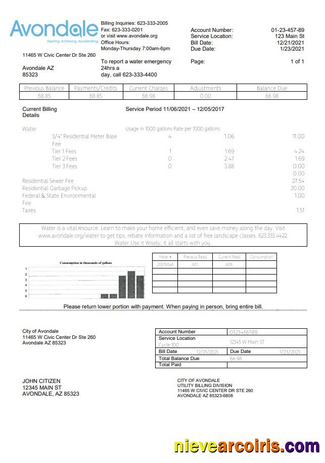 Premium USA Arizona The City Of Avondale Water Utility Bill Template In Word And PDF Format