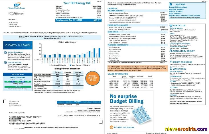 Professional USA Arizona Tucson Electric Power (TEP) Utility Bill, Word And PDF Template, 2 Pages