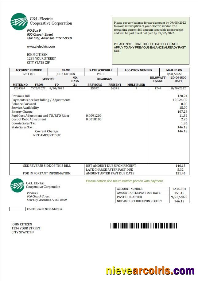 Professional USA Arkansas C & L Electric Cooperative Corporation Utility Bill Template In Word And PDF Format