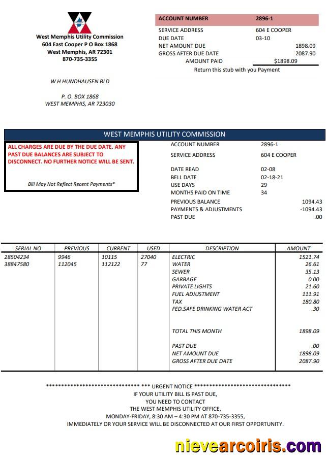 Premium USA Arkansas West Memphis Utility Bill Template In Word And PDF Format
