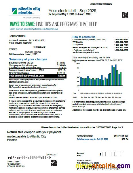 Realistic USA Atlantic City Electric Utility Bill Template In Word And PDF Formats, Version 2