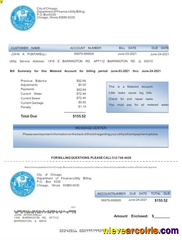 Premium USA CITY OF CHICAGO Utility Bill Word And PDF Template