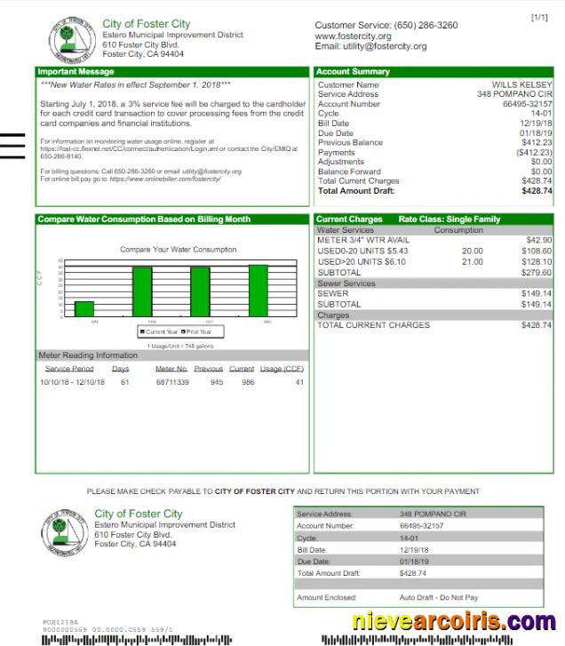 Realistic USA CITY OF FOSTER CITY Utility Bill Word And PDF Template