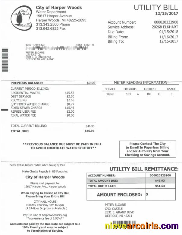 Editable USA CITY OF HARPER WOODS Utility Bill Word And PDF Template