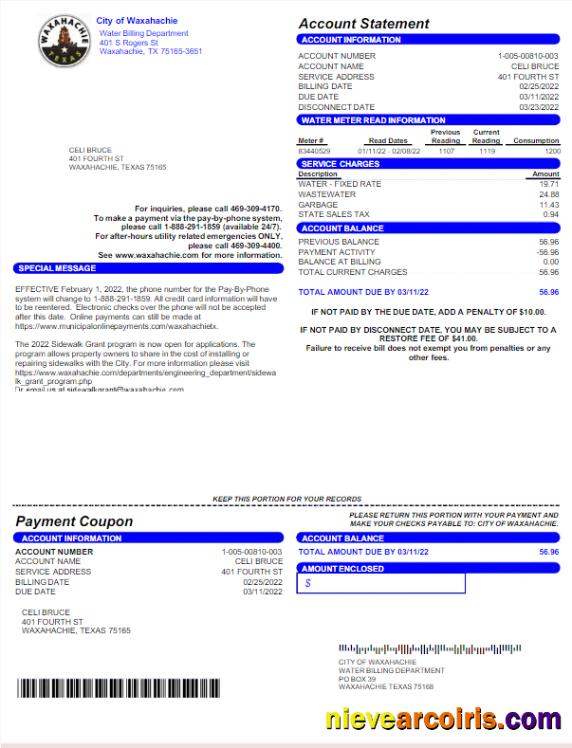 Realistic USA CITY OF WAXAHACHIE Utility Bill Word And PDF Template