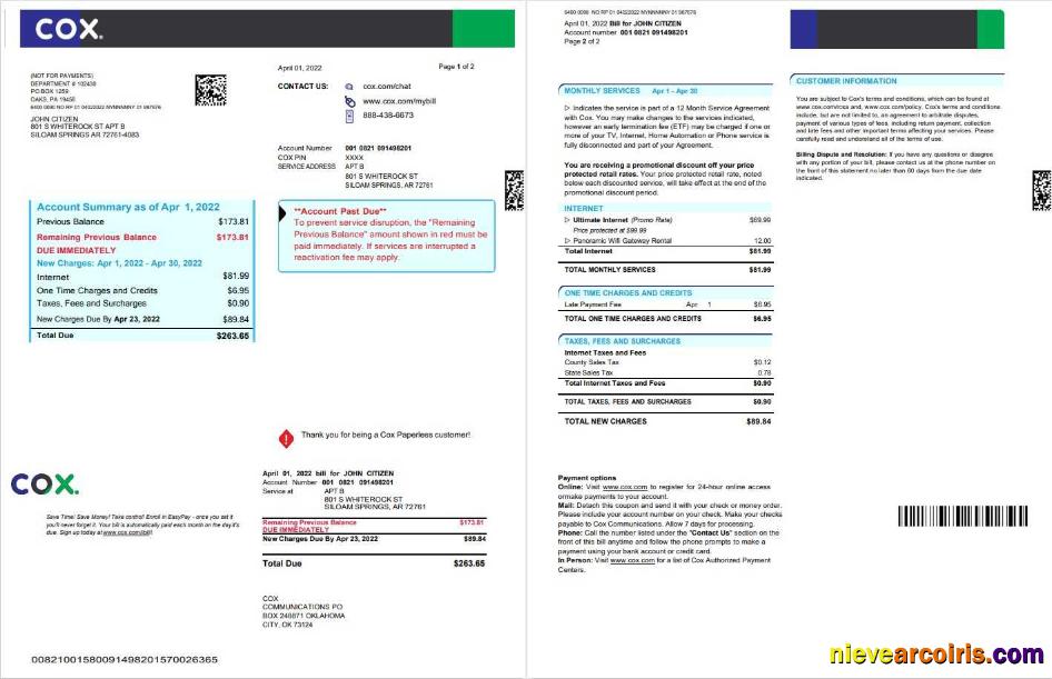 Professional USA COX Digital Cable Television Utility Bill, Word And PDF Template, 2 Pages